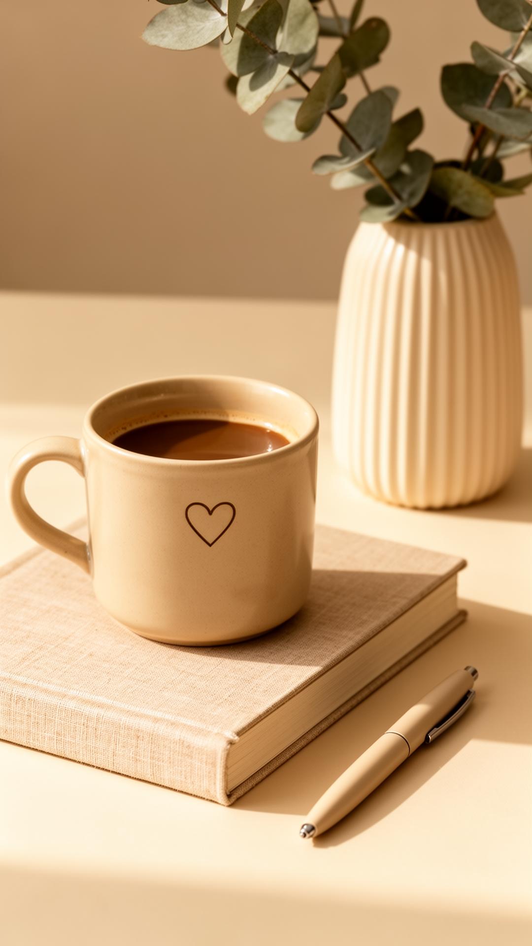 Kaffekopp med hjärta på en bok bredvid en vas med eucalyptus